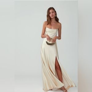 Fame and Partners Strappy Draped Gown in Matte Satin Champagne